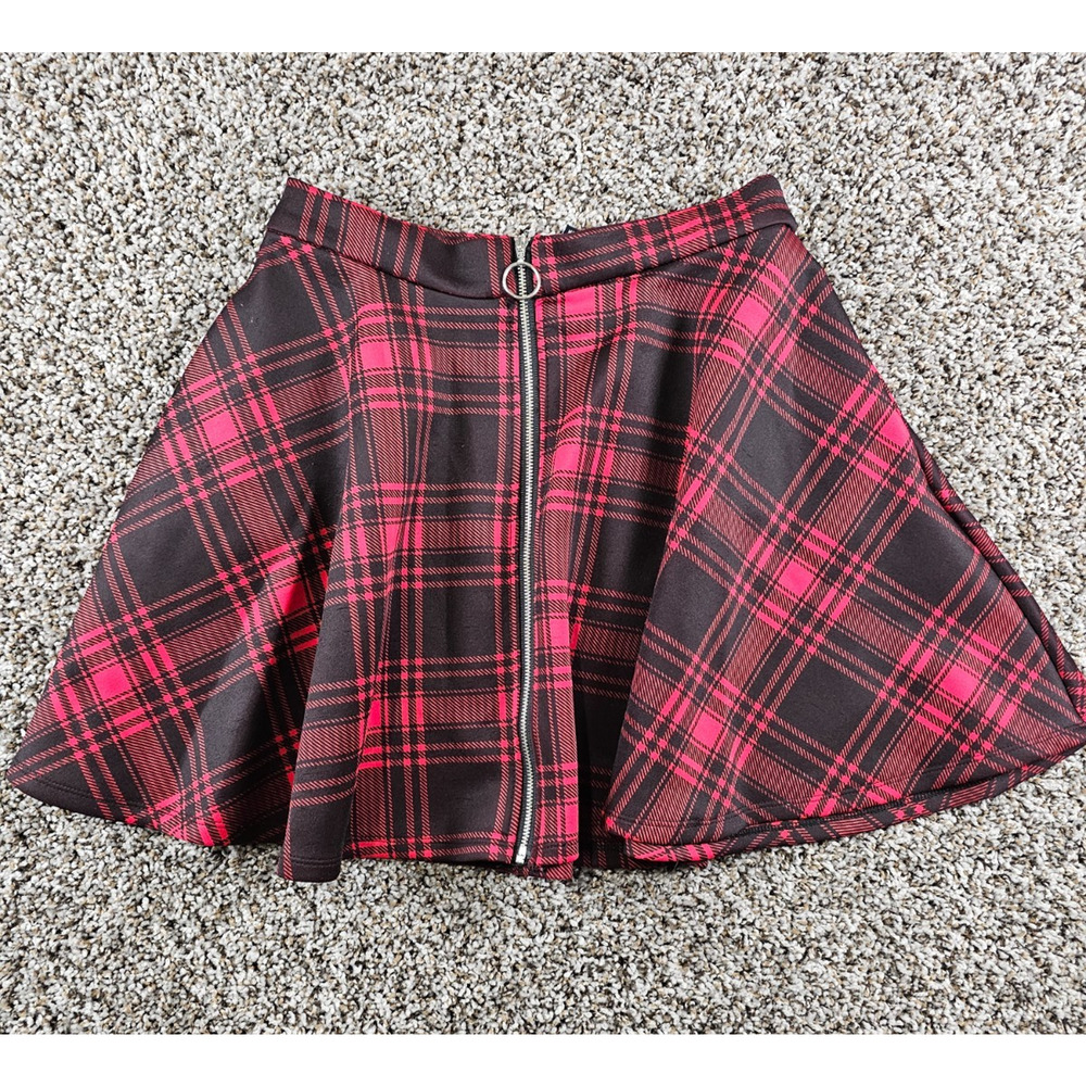 Hot Topic Womens Sz S red and black plaid skater mini skirt Zip Front Y2K Goth